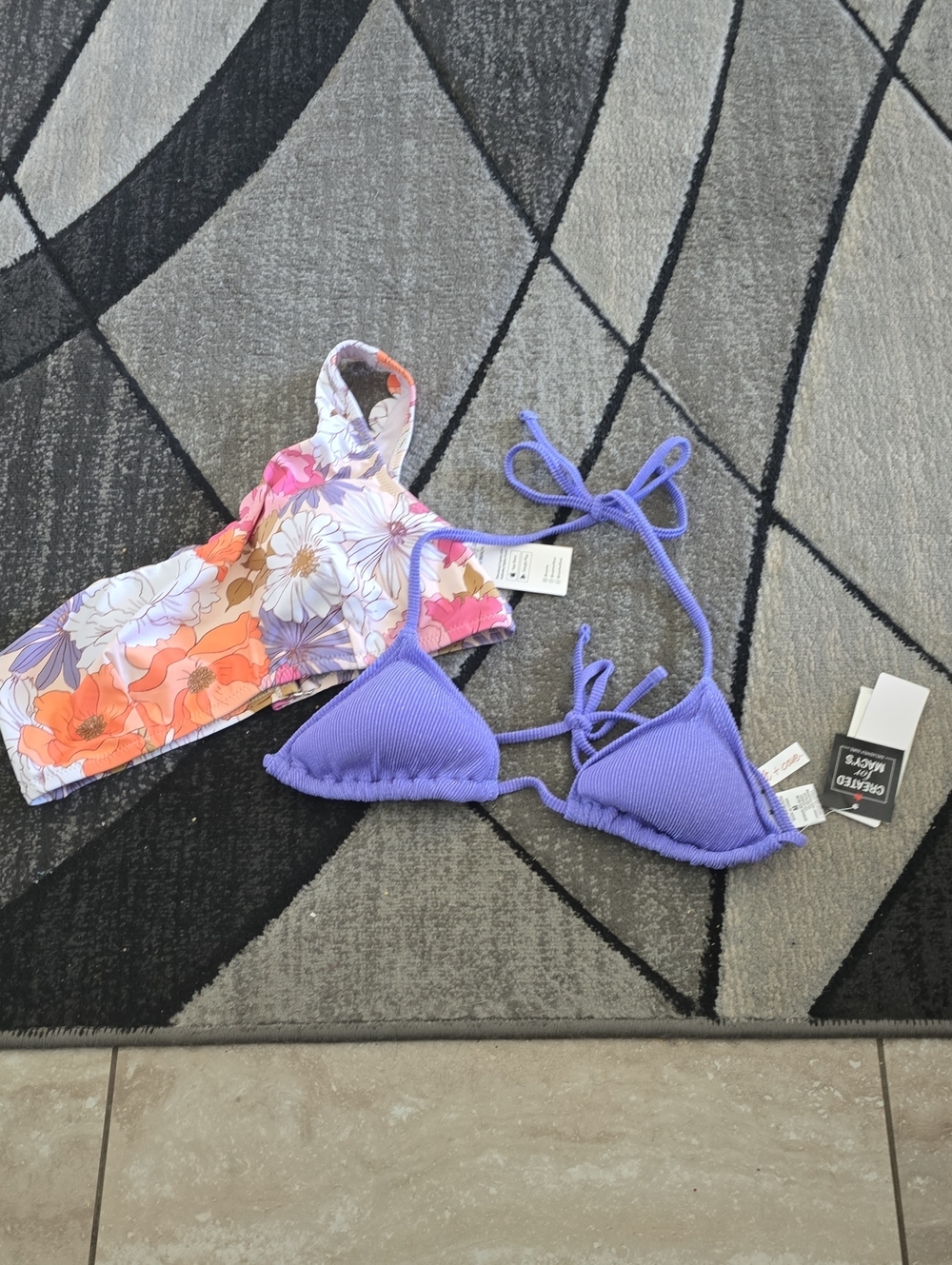 Salt + Cove Lavender Ribbed Triangle & Floral One-Shoulder Swim Tops Bundle